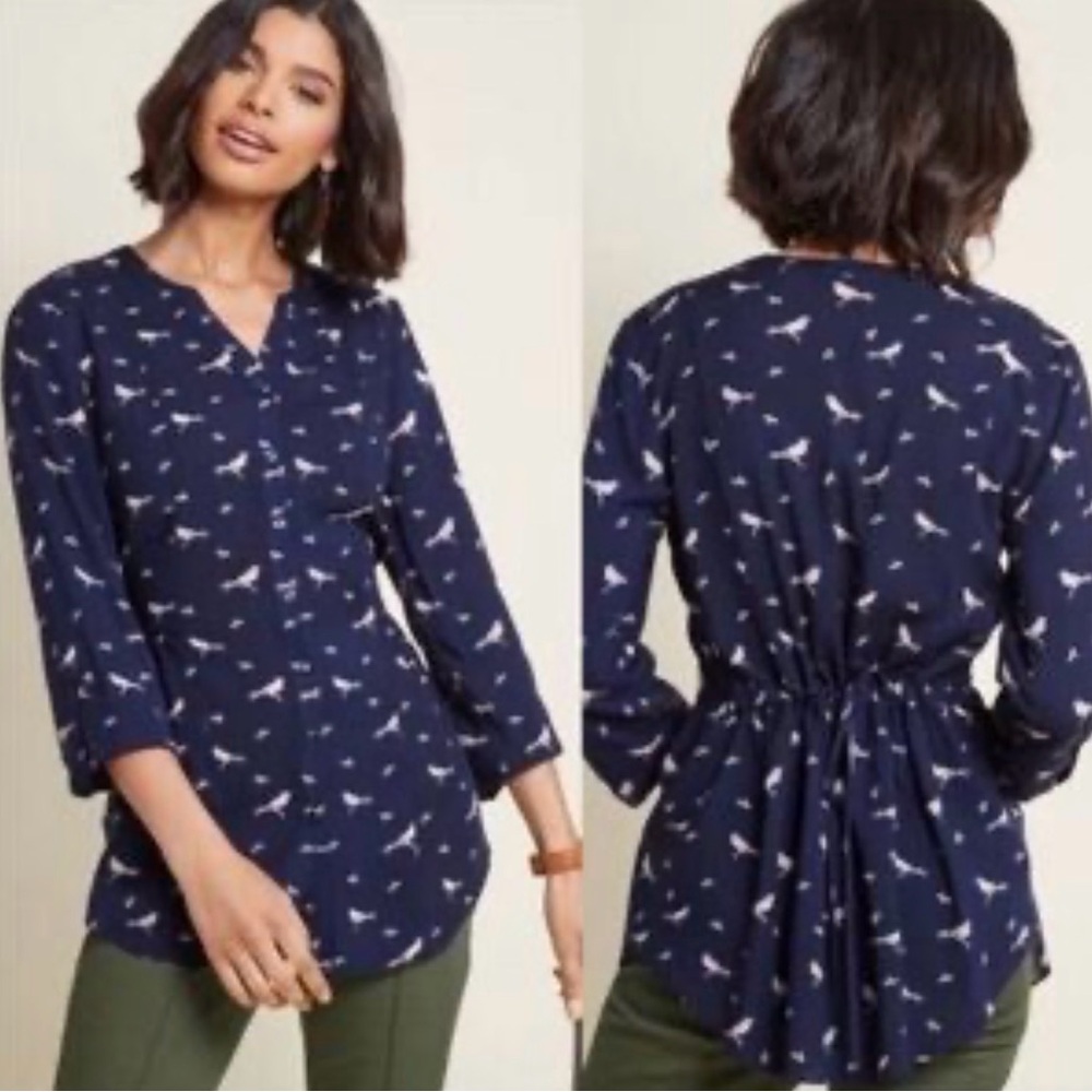 ModCloth Navy Trusty Traveler Blue Bird Print Long Sleeve Blouse Tunic XL